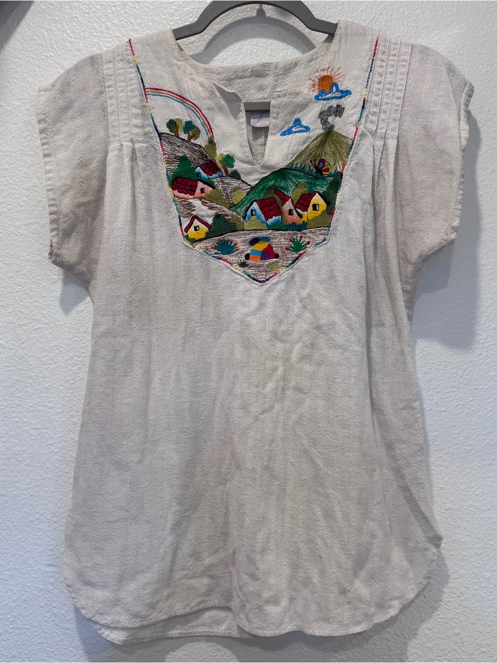 Hand-Embroidered Vintage Village Cotton Top in Cream with Multicolor Folk Art - Picture 3 of 6
